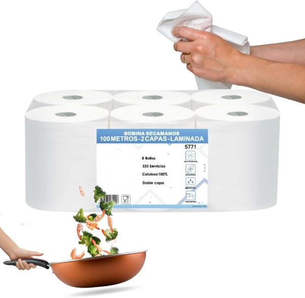 6 BOBINAS DE PAPEL SECA MANOS EXTRA GRANDE - PAPEL CHEMINE 0.8 KG GOFRADO