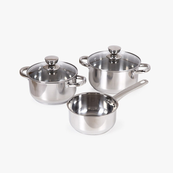 BATERIA COCINA 5 PIEZAS ACERO INOX CACEROLA 20CM CON TAPA, CACEROLA 18CM CON TAPA Y CAZO 16CM