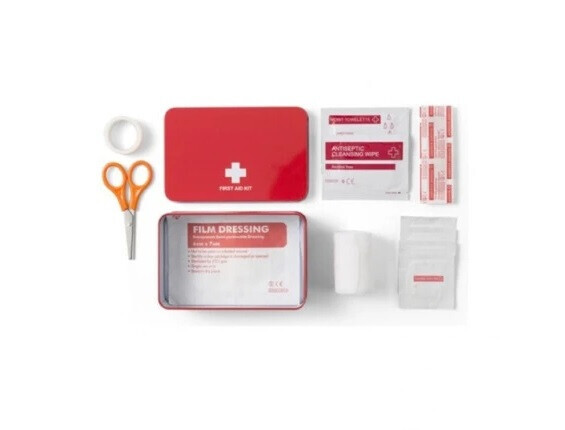 BOTIQUIN EN CAJA METALICA CON 15 ACCESORIOS PARA ALOJAMIENTO TURISTICO