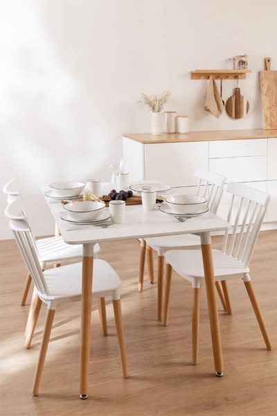 CONJUNTO DE MESA DE COMEDOR RECTANGUAL EN MADERA DE HAYA Y MDF (100X80cm) Y 4 SILLAS (8)