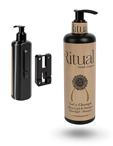 GEL&CHAMPÚ + SOPORTE INVISIBLE ANTIHURTO CON LLAVE (CONTENIDO SOPORTE CON ACCES.Y BOTELLA DISPENSADORA VACIA)