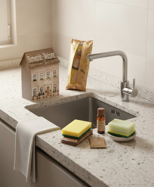 KIT DE BIENVENIDA EN CASA DE CARTON CON BOLSA BIODEGRADABLE CERTIFICADA PARA APARTAMENTOS TURISTICOS (1)