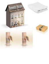 KIT DE DUCHA EN CASA DE CARTON CON BOLSA BIODEGRADABLE CERTIFICADA PARA APARTAMENTOS TURISTICOS