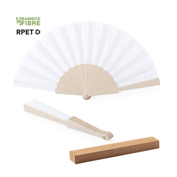 ABANICO NATURE DE FIBRA DE BAMBU Y TELA DE RPET EN CAJA - MEDIDAS 42.5 X 23 CM
