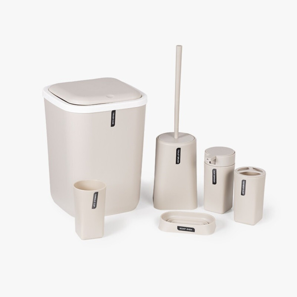 SET DE BAÑO 6 PIEZAS CON PAPELERA DE PLASTICO COLOR TIERRA