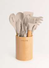 SET DE UTENSILIOS COMPLETO DE COCINA DE SILICONA Y MADERA DE ALTA CALIDAD